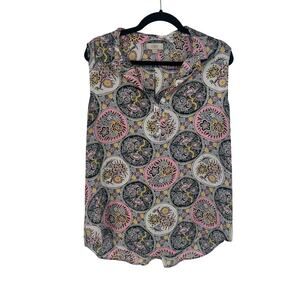 LOFT Paisley Sleeveless Collared Shirt XL Pink Blue White Yellow
